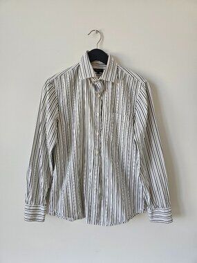 DKNY White Black Stripe Long Sleeve 100% Cotton Button Dress Shirt Men's Medium